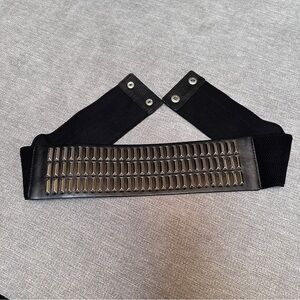 Black Stretch Waist Belt with Studded Faux Leather Panel – 31”